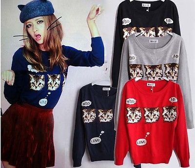 Cat Print Pullover Sweater