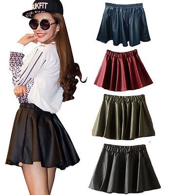 Leather Plain Skater Flared Pleated Skirt