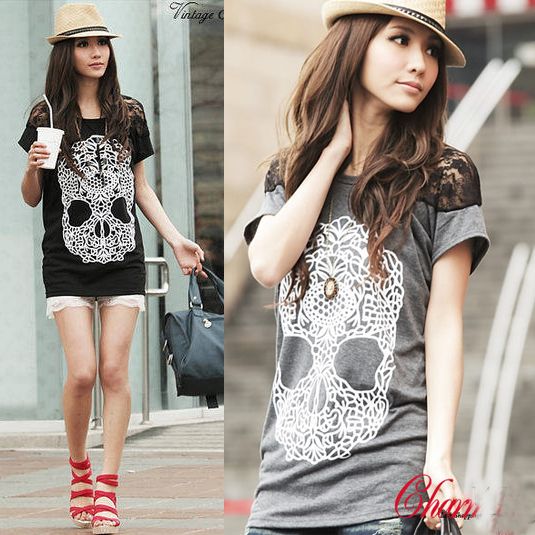 Skull Prints Lace Sleeve T-Shirt